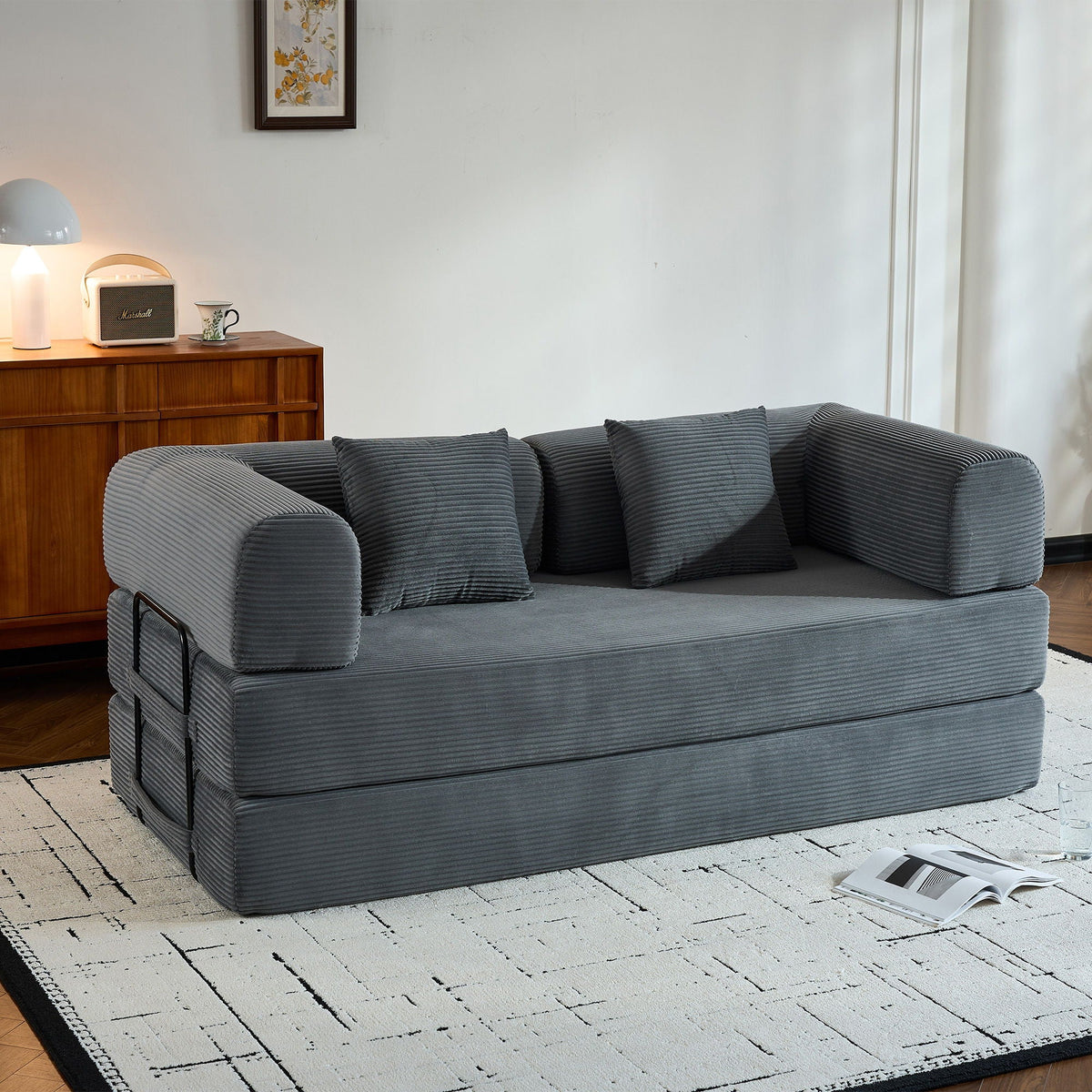 Convertible Sleeper Sofa Bed With Cylindrical Pillow, With Fixed Shape Frame