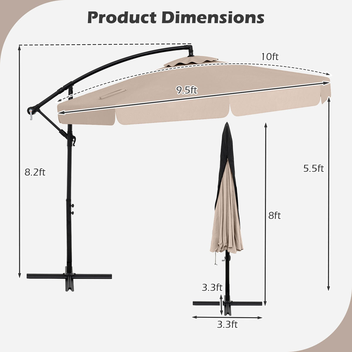 10 Feet Patio Cantilever Umbrella with Cover Tilt Adjustment and Ruffled Edge