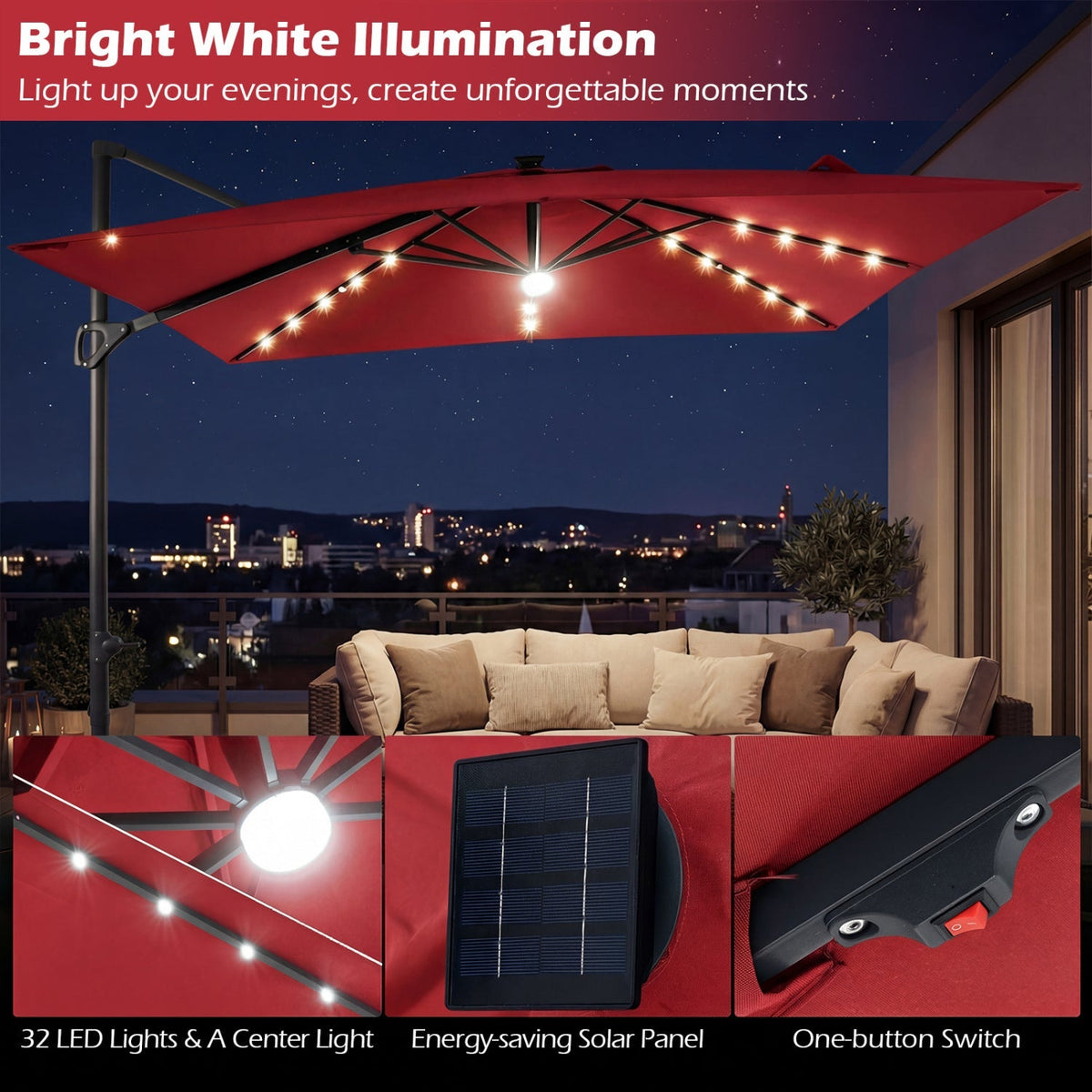 10 FT Cantilever Patio Umbrella with Solar LED Lights for Pool and Garden