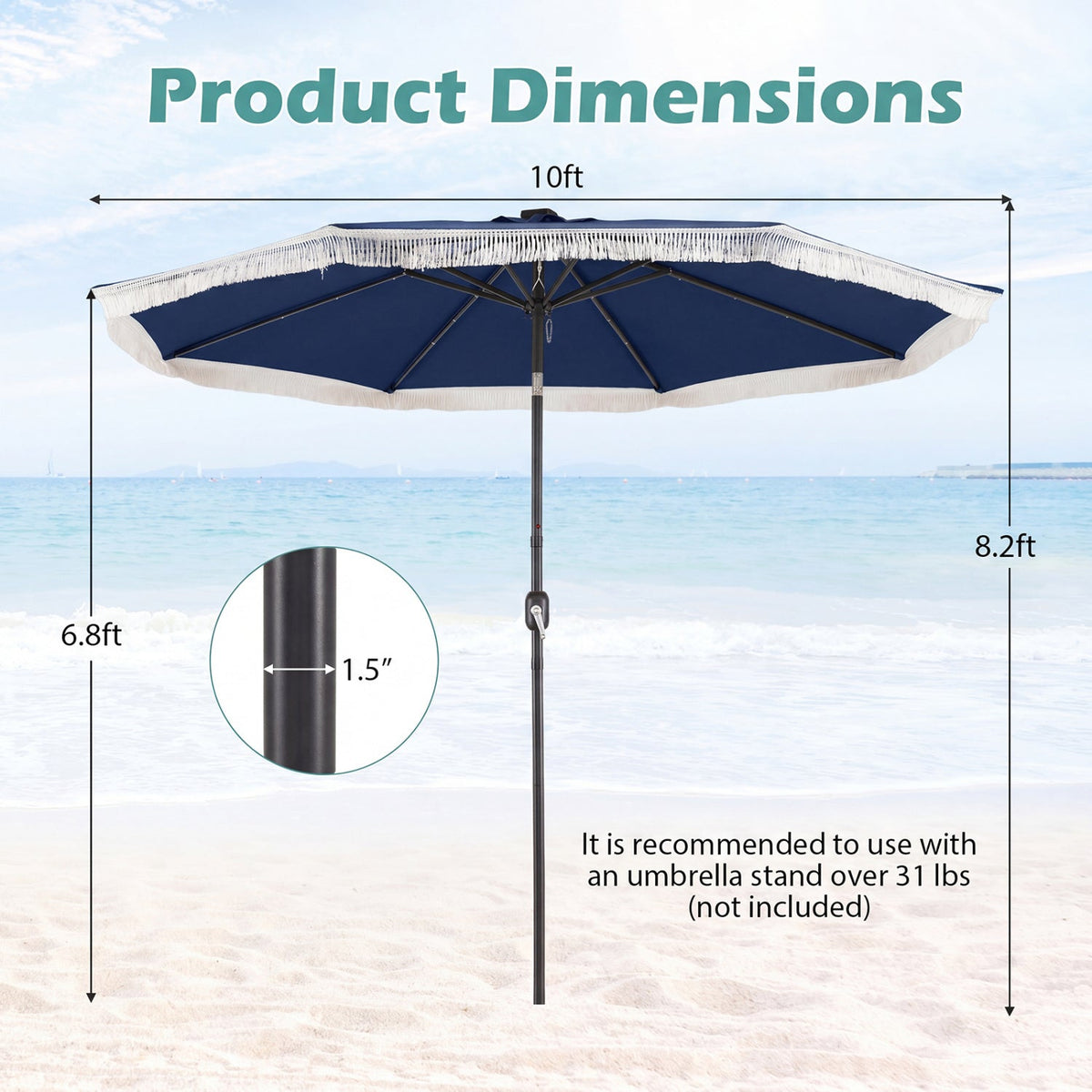 10 Feet Solar Patio Umbrella with 24 LED Lights for Yard