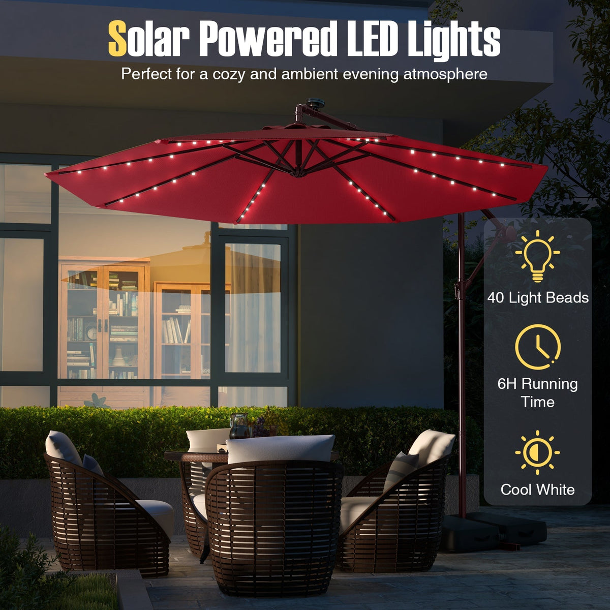 10 Ft Patio Umbrella Offset Cantilever Umbrella with 40 Solar Powered Lights