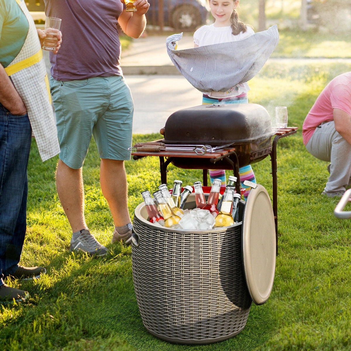 9.5 Gallon 4-in-1 Patio Rattan Cool Bar Cocktail Table Side Table