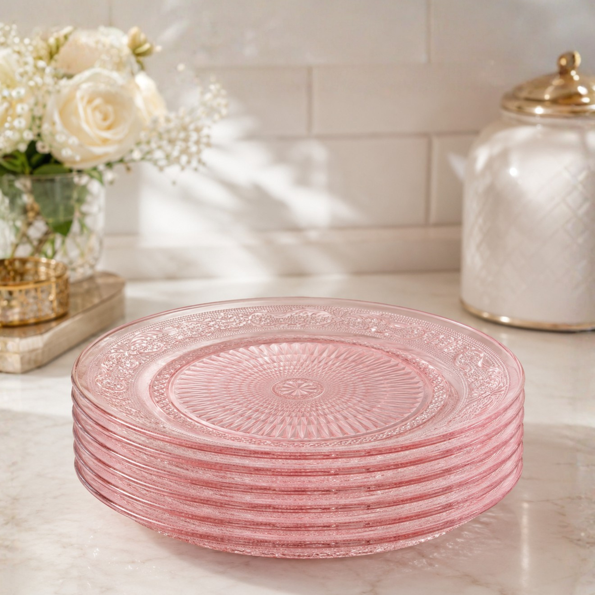 Blush Vintage Glass Plate, Set of 6