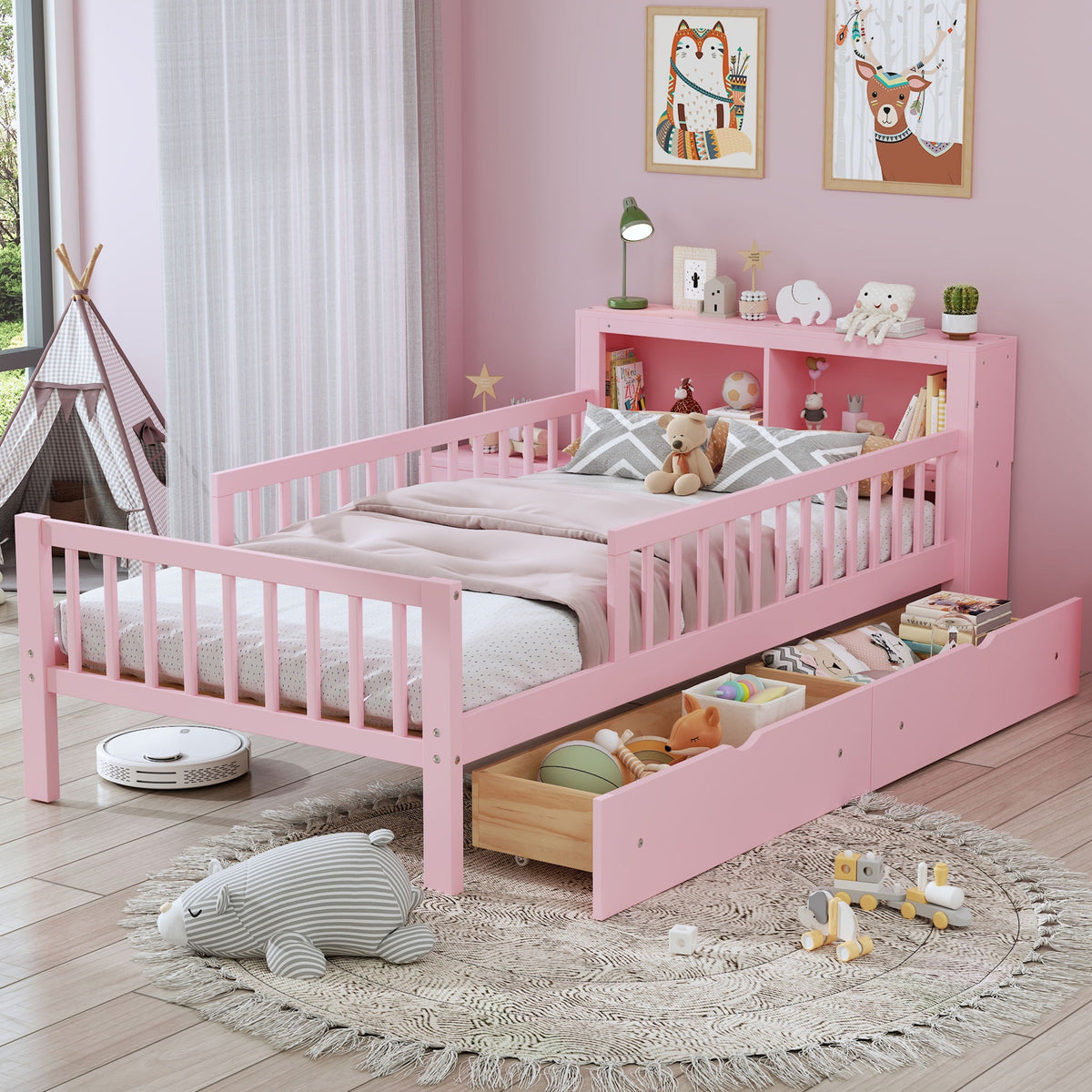 Bed With Headboard Storage Rack, 2 Under Bed Drawers, 3 Side Guardrails For Safety