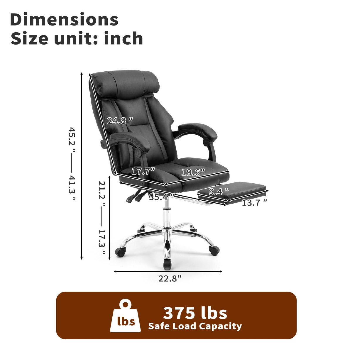 Executive Office Chair With Foot Rest, Adjustable Height - Black