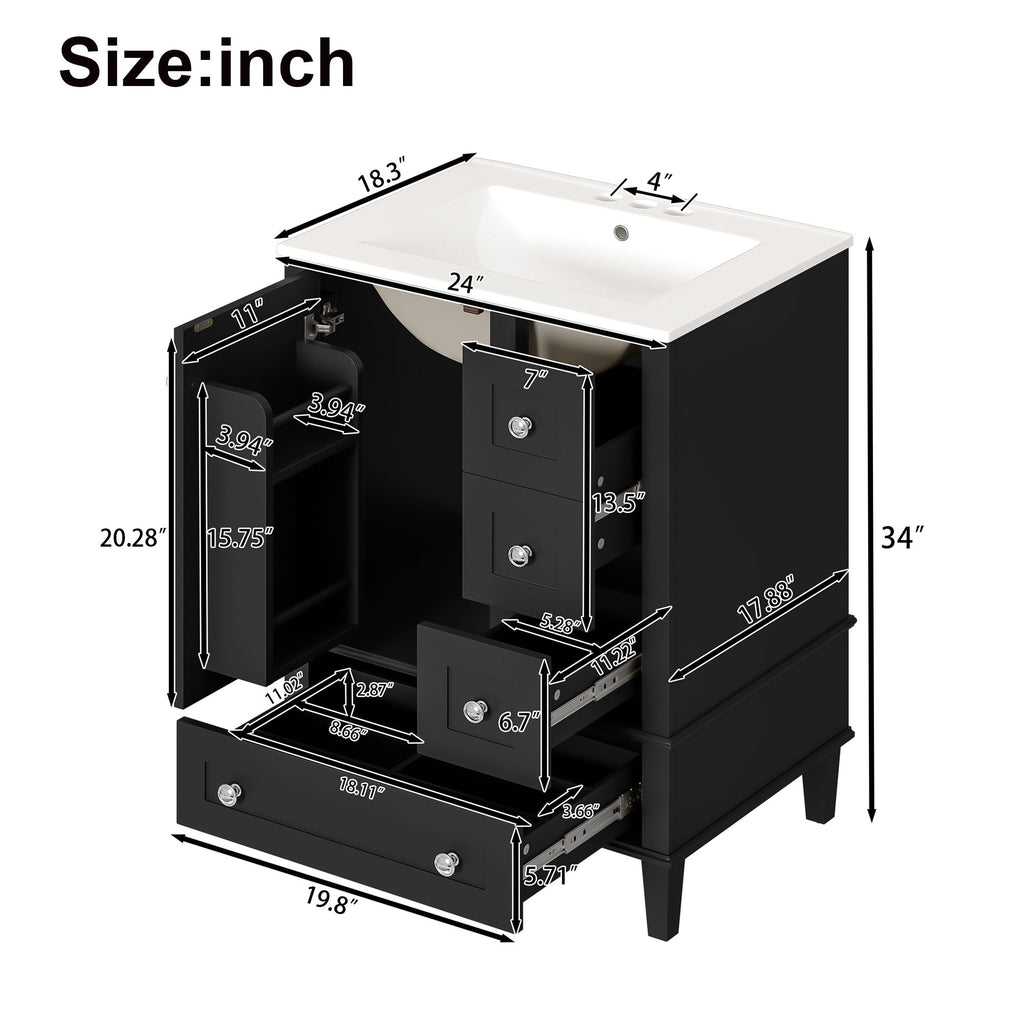 Bathroom Vanity With Integrated Basin, Soft Close Drawers, Door Mounted Double Layer Shelf