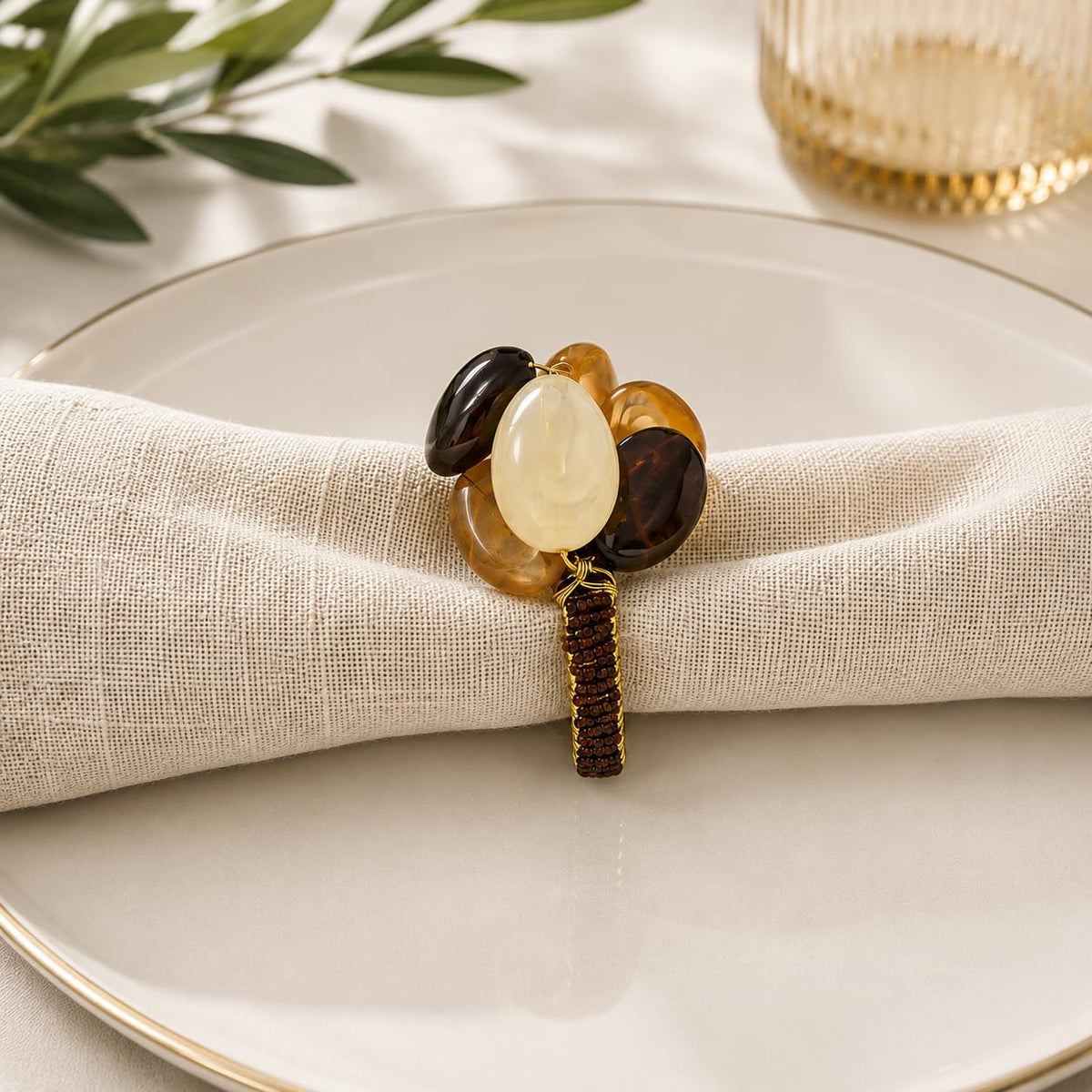 Fennco Styles Brown Gemstone Beaded Napkin Rings, Set of 4 - Handmade Decorative Napkin Holders for Elegant Table Decor, Weddings, Holiday Dining & Everyday Entertaining