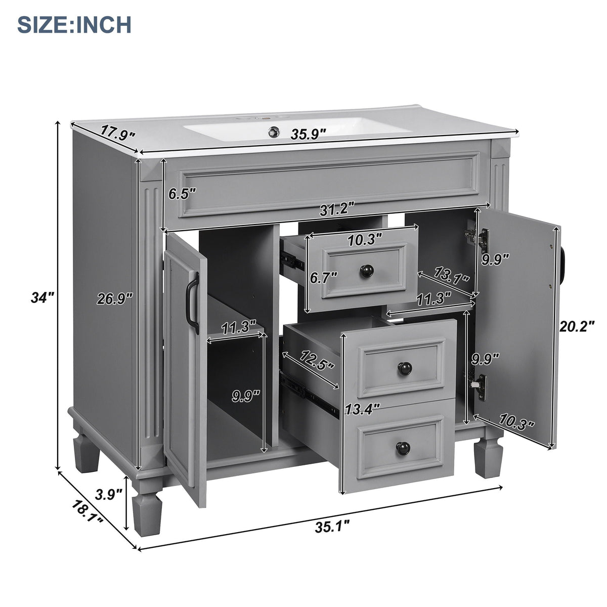 Bathroom Vanity With Top Sink, Basin On Cabinet With 2 Soft Closing Doors And 2 Drawers