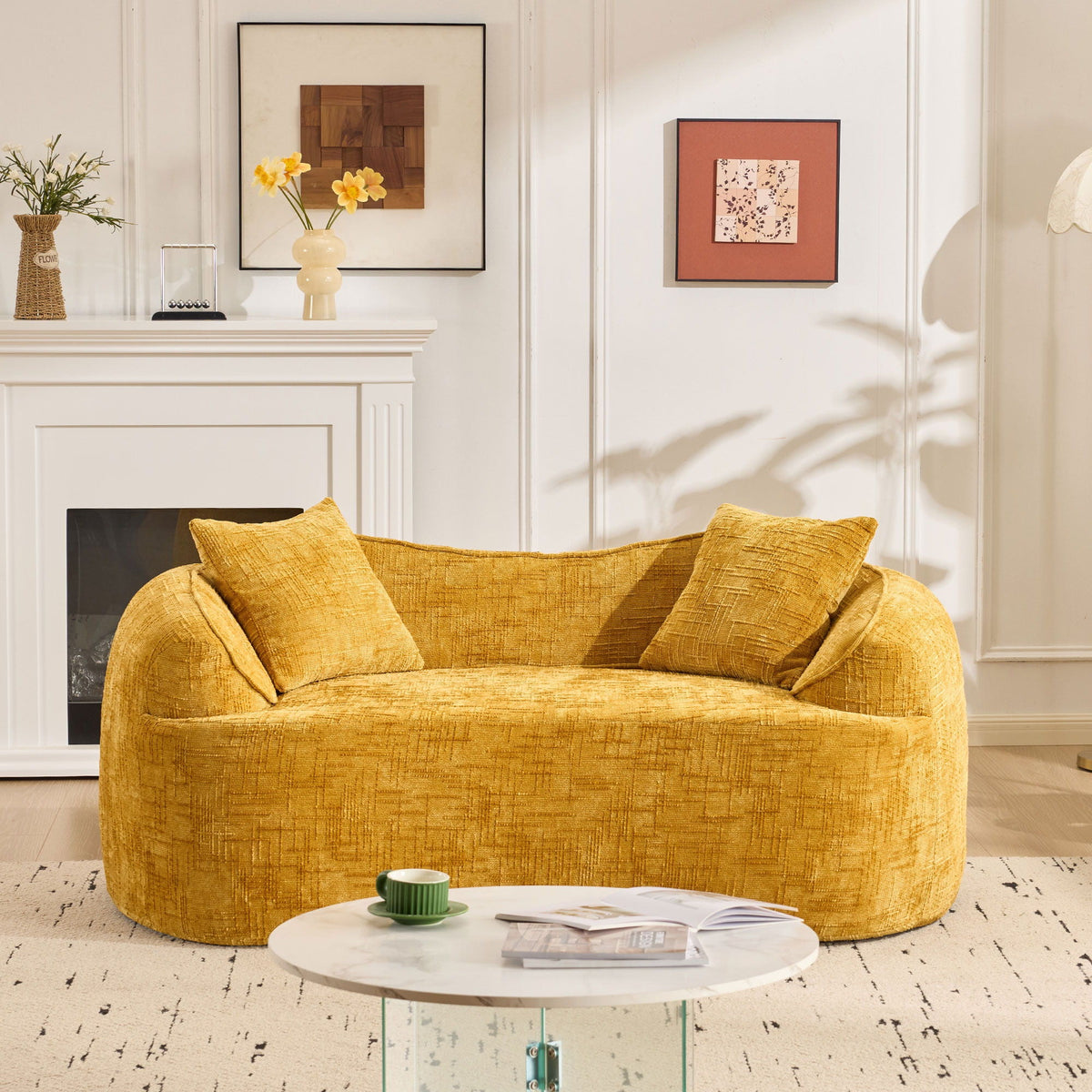 Curved 2 Person Compress Sofa With Armrests, Includes Pillows