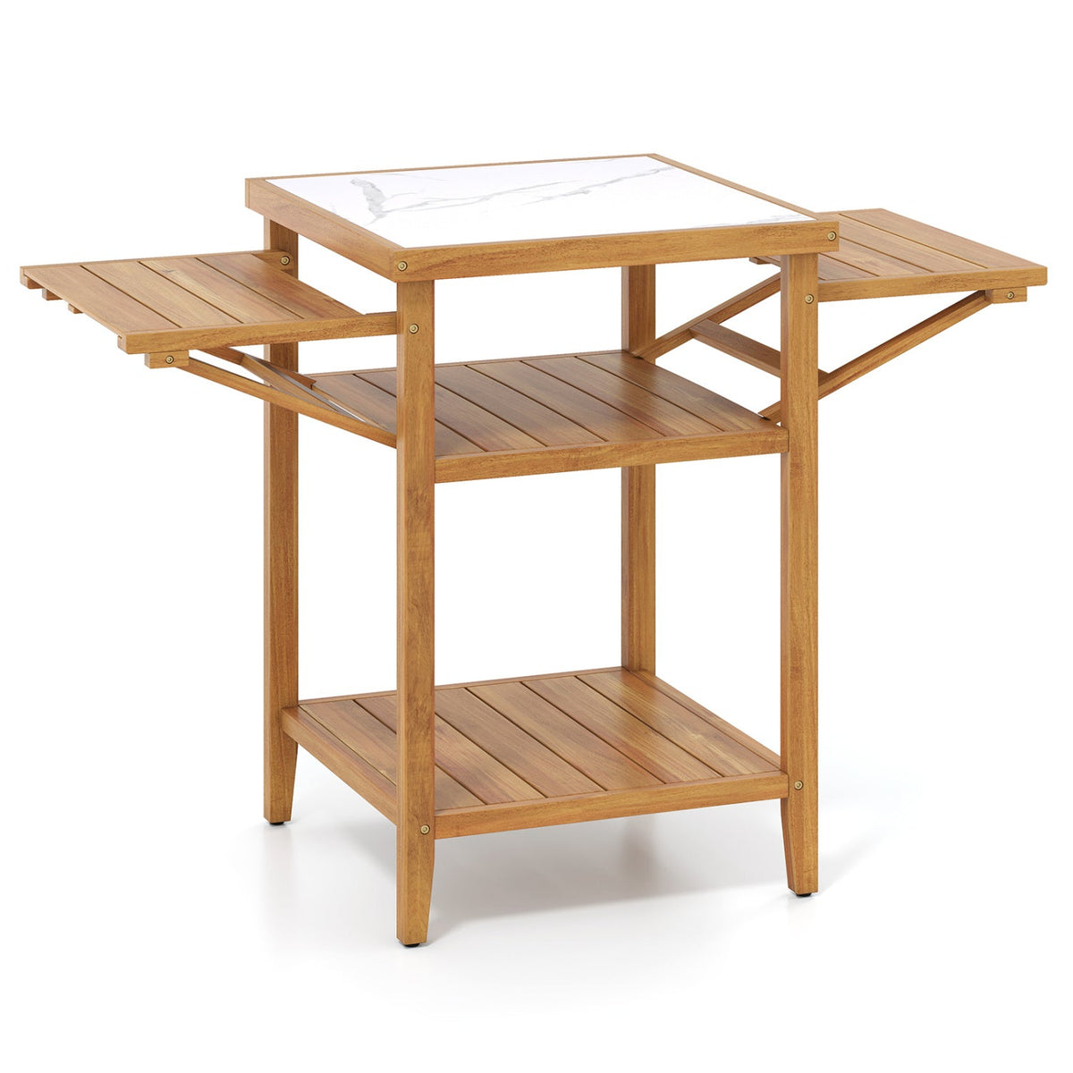 Acacia Wood Outdoor Grill Table with Faux Marble Top and Drop-Leaf Side Panels