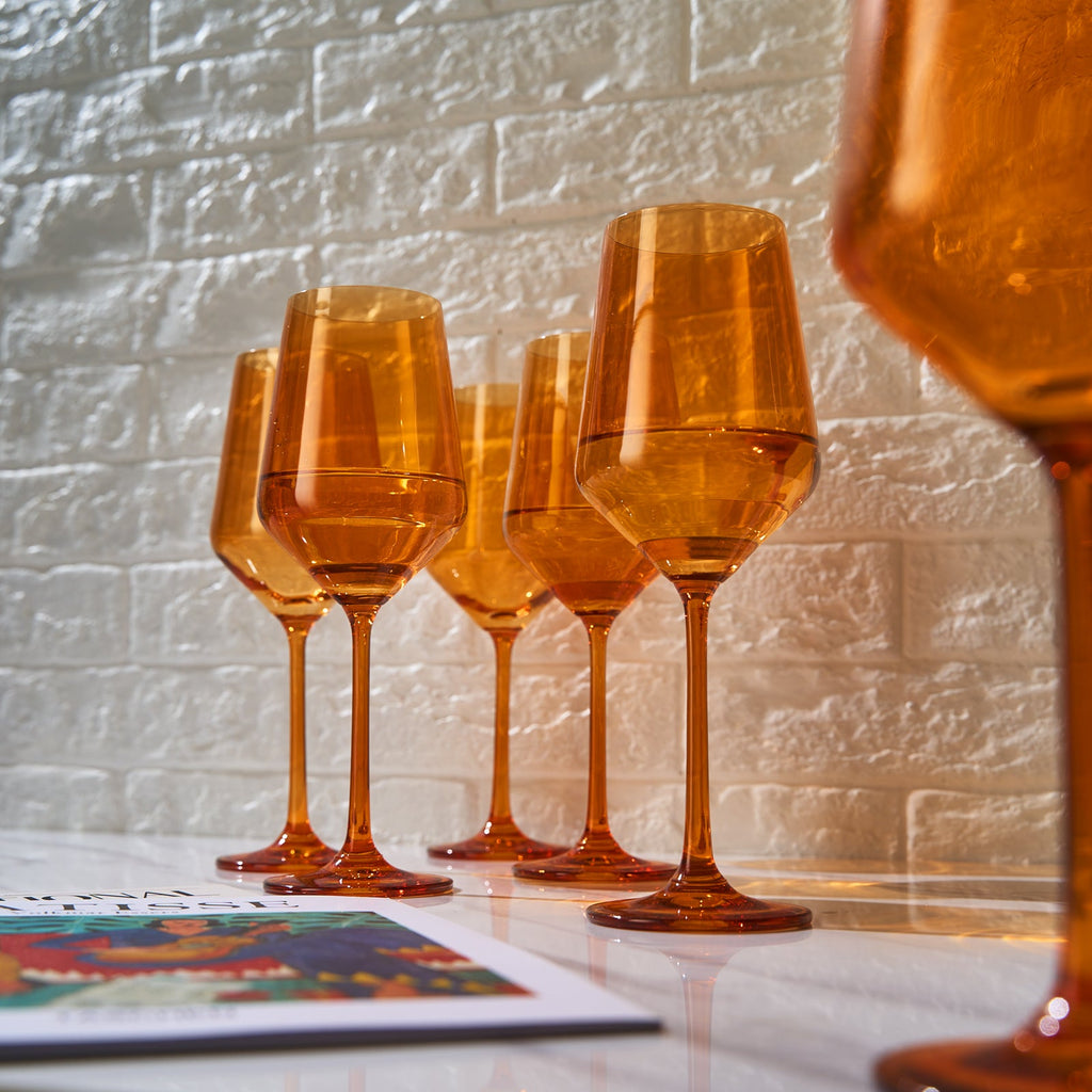 Rhea Stemmed Wine Glassware, Set of 6, Amber