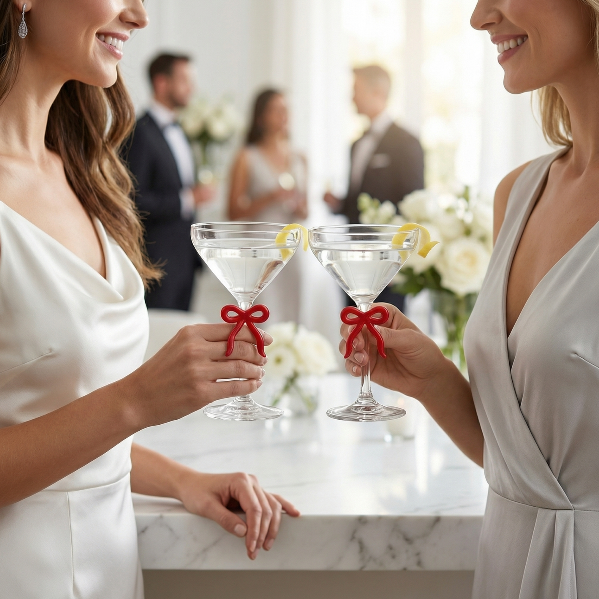 Clear Martini Glass with Red Bow on Stem, Set of 2