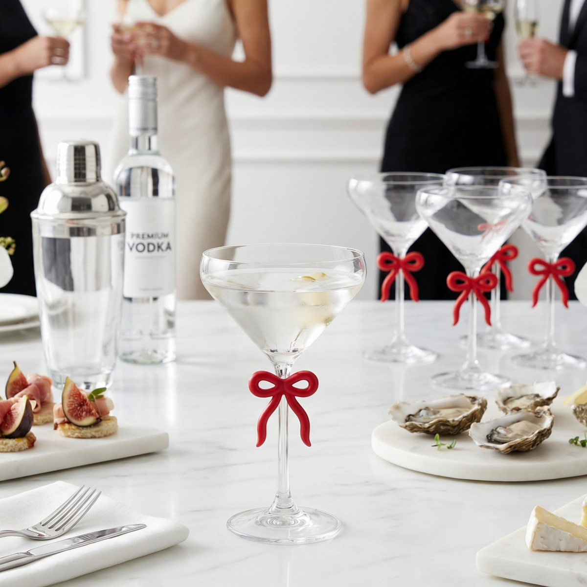 Clear Martini Glass with Red Bow on Stem, Set of 2