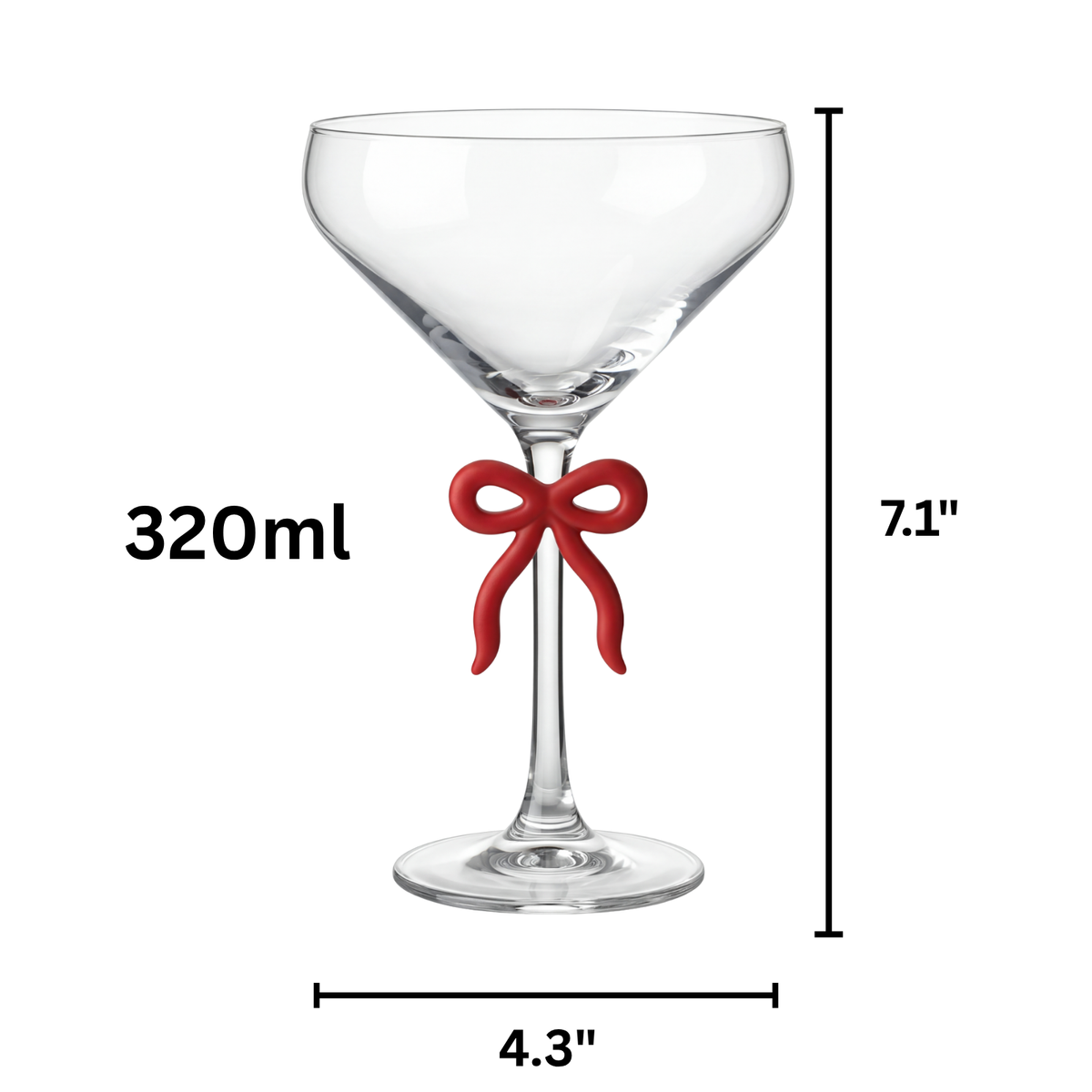 Clear Martini Glass with Red Bow on Stem, Set of 2