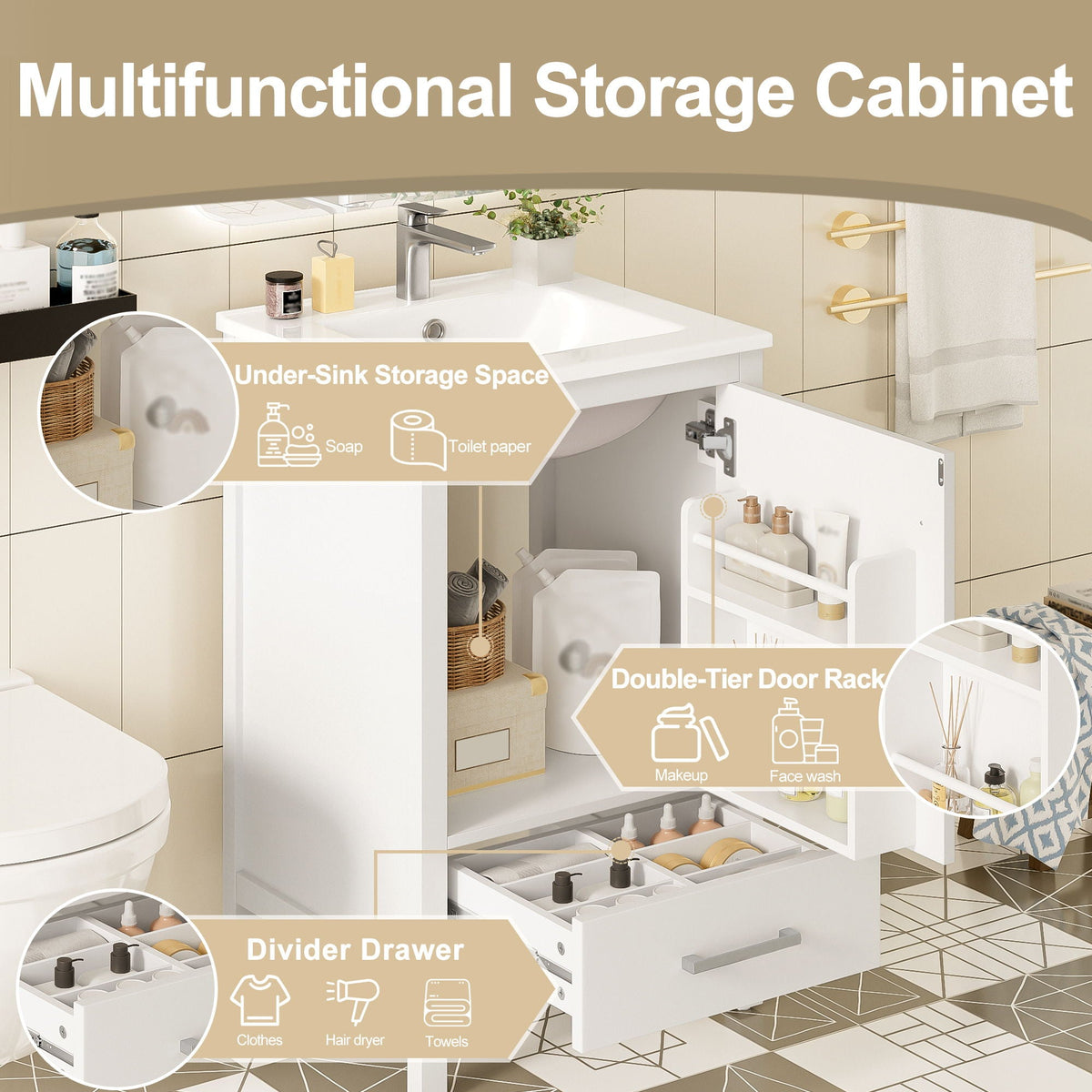 Bathroom Vanity With Ceramic Sink, Soft Close Drawers, Door Organizer, Divider Drawer, Adjustable Foot Pads