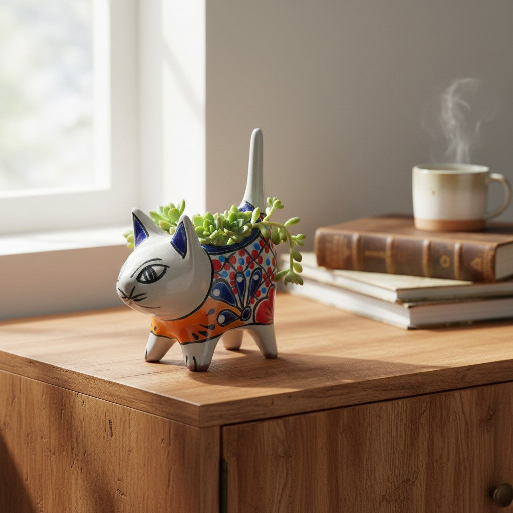 Colorful Talavera Cat Planter | Mexican Ceramic Art