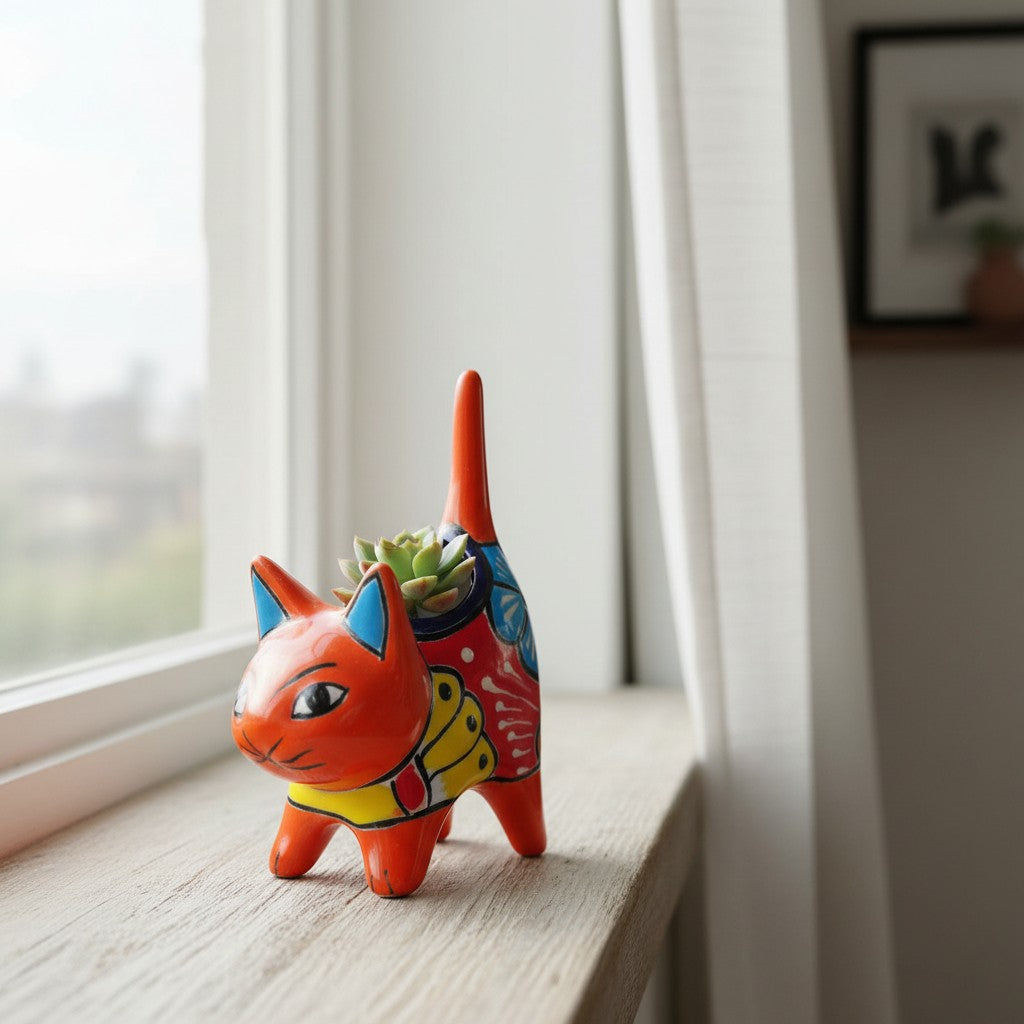 Colorful Talavera Cat Planter | Mexican Ceramic Art