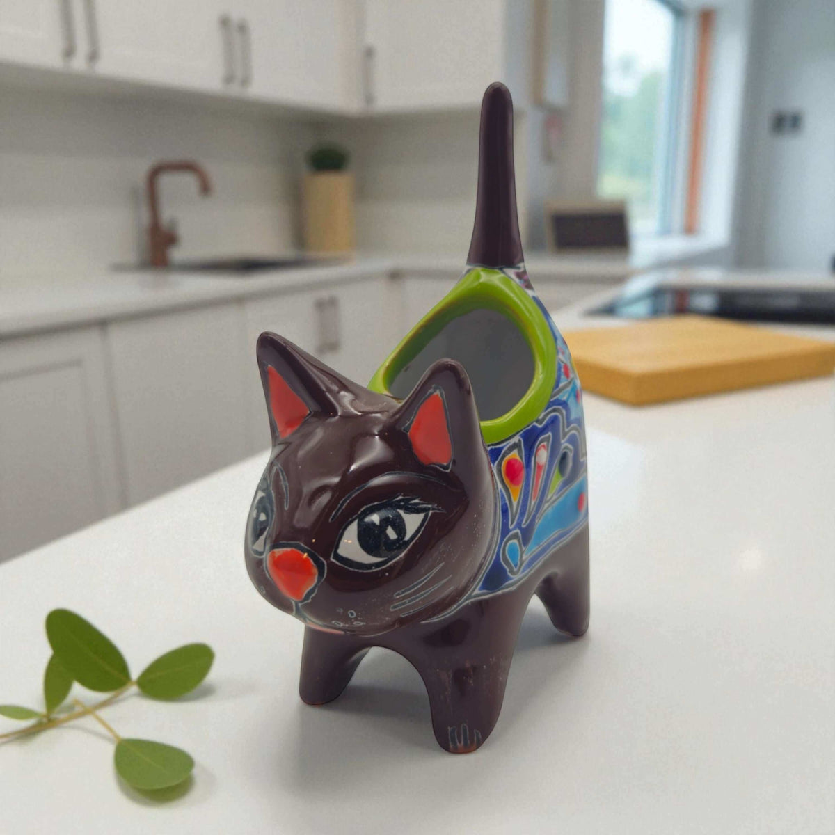 Colorful Talavera Cat Planter | Mexican Ceramic Art