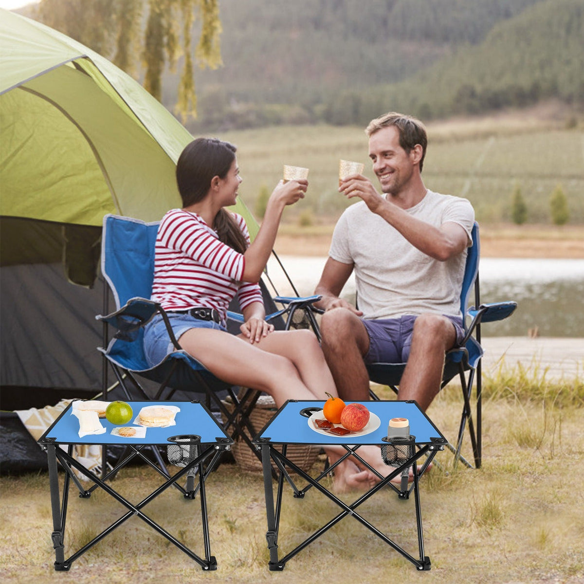 2Pcs Foldable Camping Table Portable Picnic Table Lightweight Travel Desk with 2 Cup Holders/Table Carrying Bag